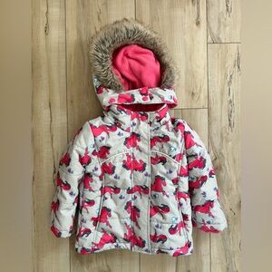Kids' Unicorn Print Winter Coat with Fur Hood